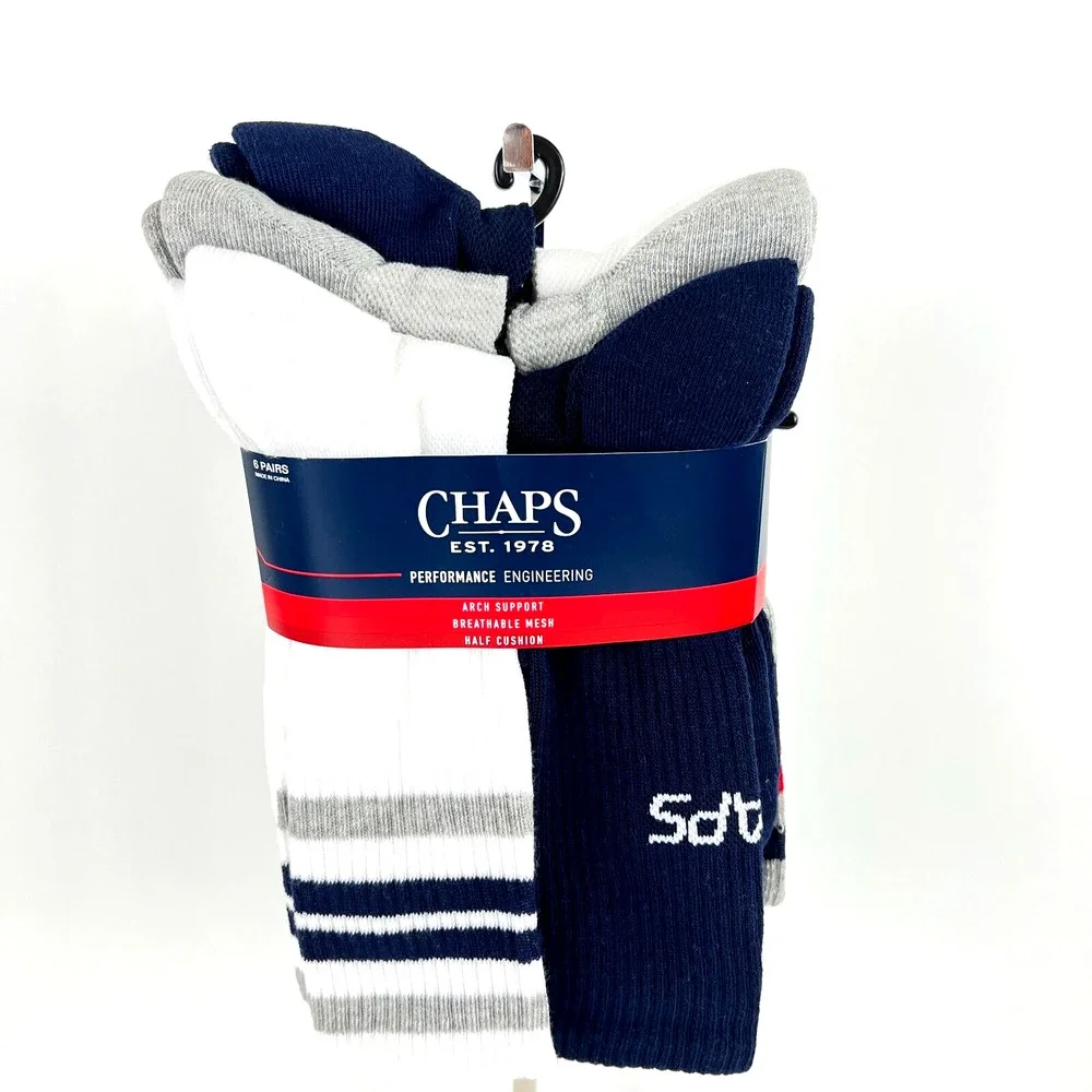NEW Chaps Men’s Racer Stripe Athletic Crew Socks 6 Pairs Shoe Size 6-12.5 W/Tags